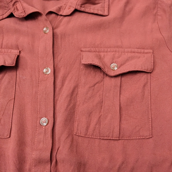 (2/$25) No Boundaries coral full sleeve button down shirt ruched waist tie - Picture 3 of 14